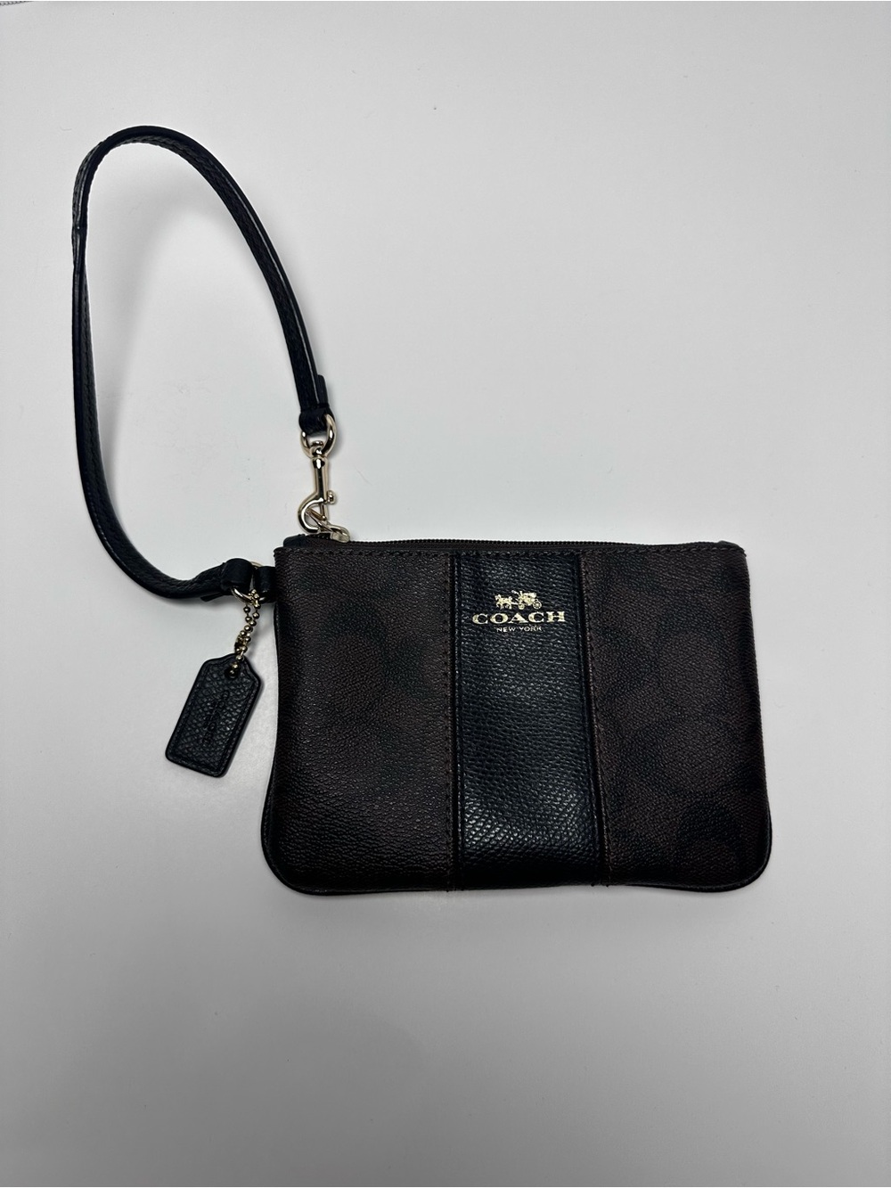 Coach Black Signature Zip Wristlet with Leather Trim